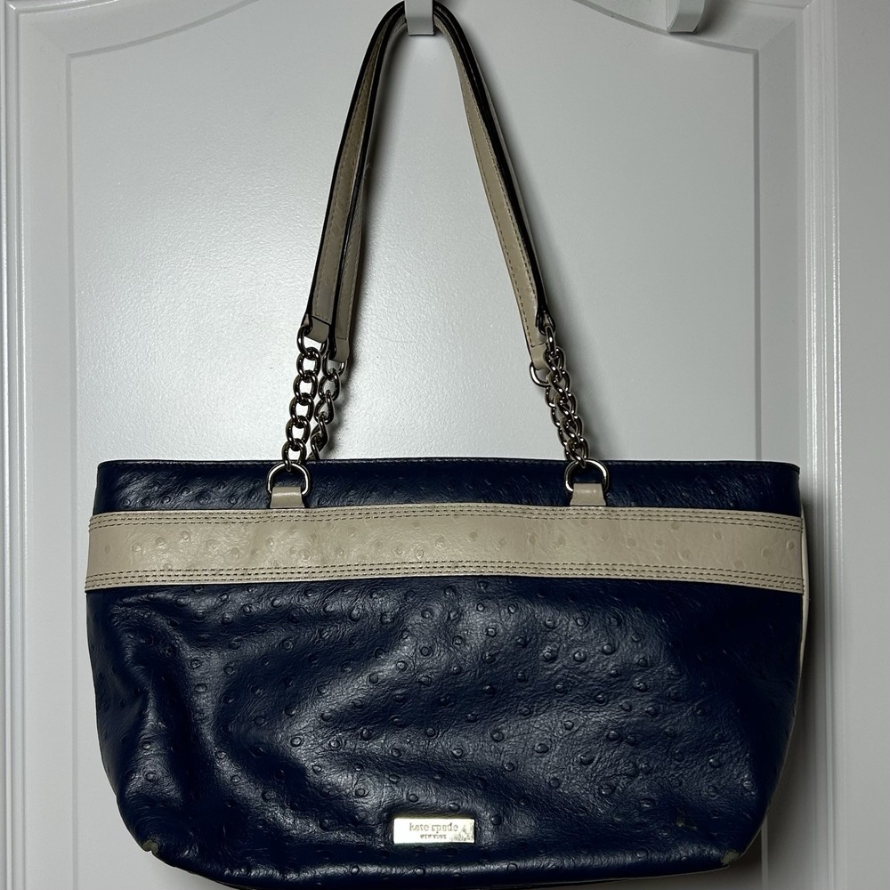 Kate Spade New York Navy Ostrich Embossed Leather Bow Detail Chain Strap Tote